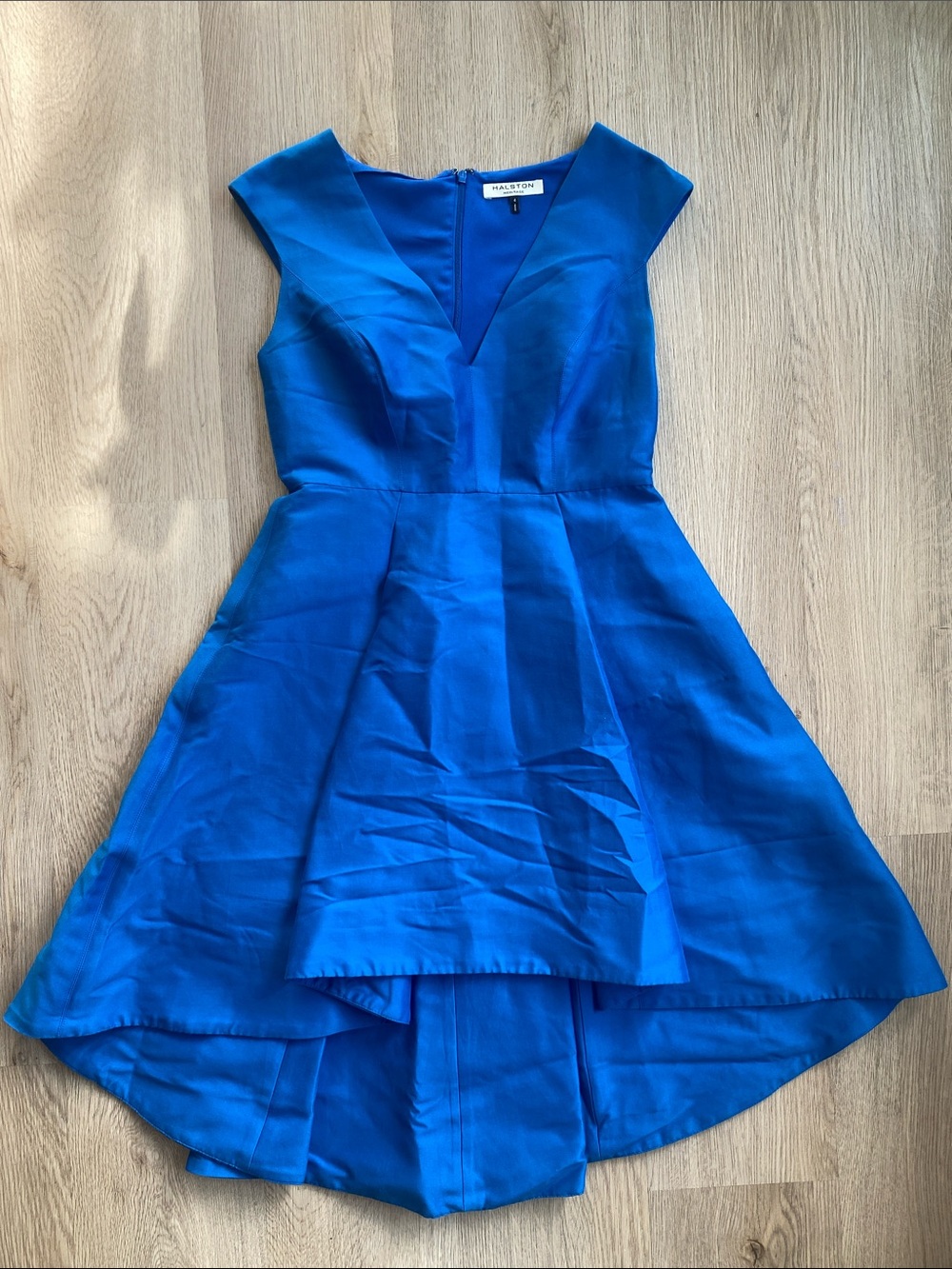 Halston Heritage Cobalt Blue Cotton/Silk Blend High-Low Fit-and-Flare Dress - Picture 2 of 11